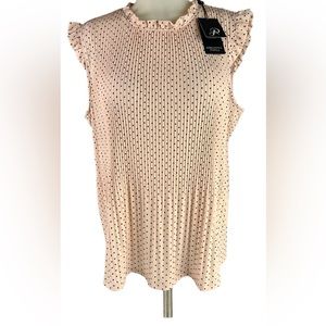 Adrianna Papell Ruffle Neck Pleated Knit Polka Dot Top Pink Size L